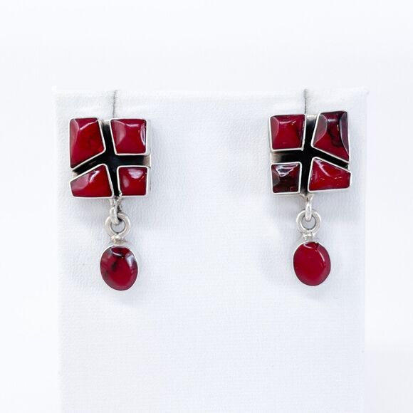 Vintage Sterling Silver 925 Red Jasper Dangle Statement Earrings - Picture 2 of 7